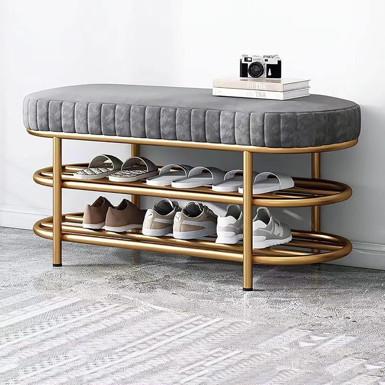 玄関用3層靴収納ベンチ、PUパッド入りクッション付き靴ベンチ、玄関寝室リビングルーム廊下ガレージ収..