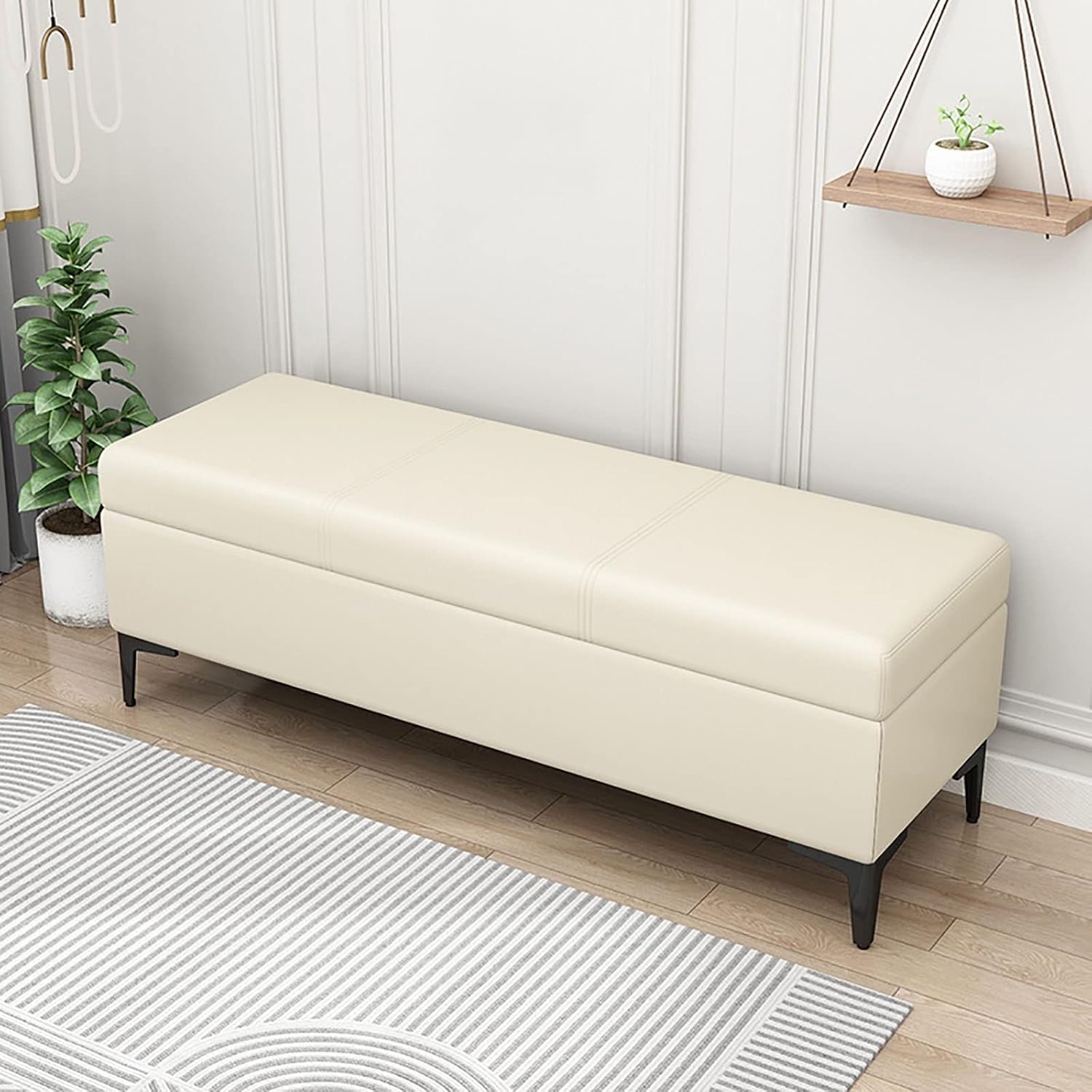 寝室用収納オットマンベンチ、収納と安全ヒンジ付きPUオットマン、金属脚付きのモダンな玄関ベンチシー..