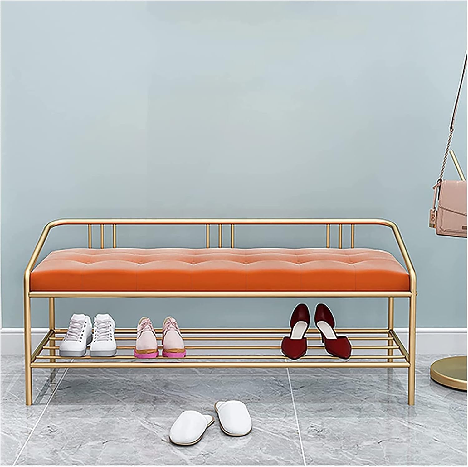 玄関靴ベンチ収納ベンチベッドベンチの端80CM靴収納ベンチ、金属フレーム付き靴収納ベンチ、玄関、リビ..