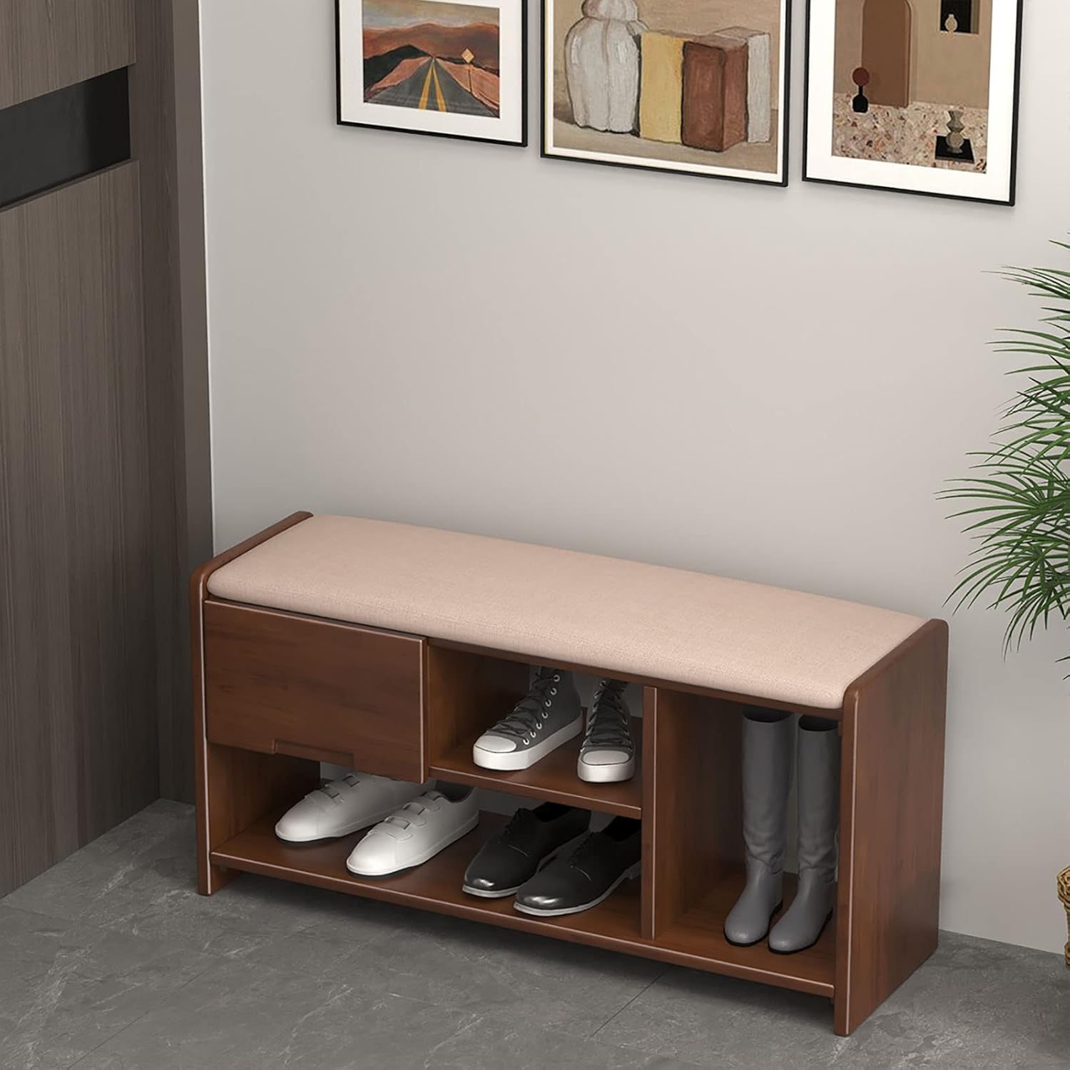 ストレージとクッションを備えた素朴な玄関ベンチ、引き出しと布張りのパッド入りシートを備えた小さな..