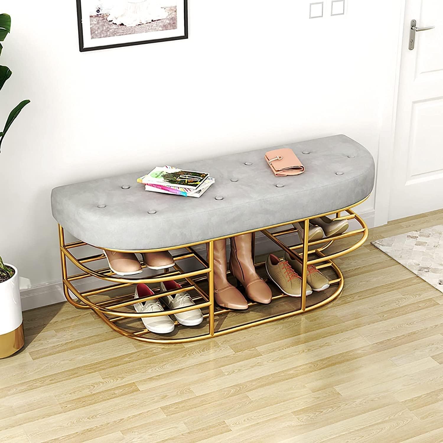 玄関靴収納ベンチ ベッドベンチの端 モダンな靴収納ベンチ メタルフレーム 玄関靴ラック 布張りシート..