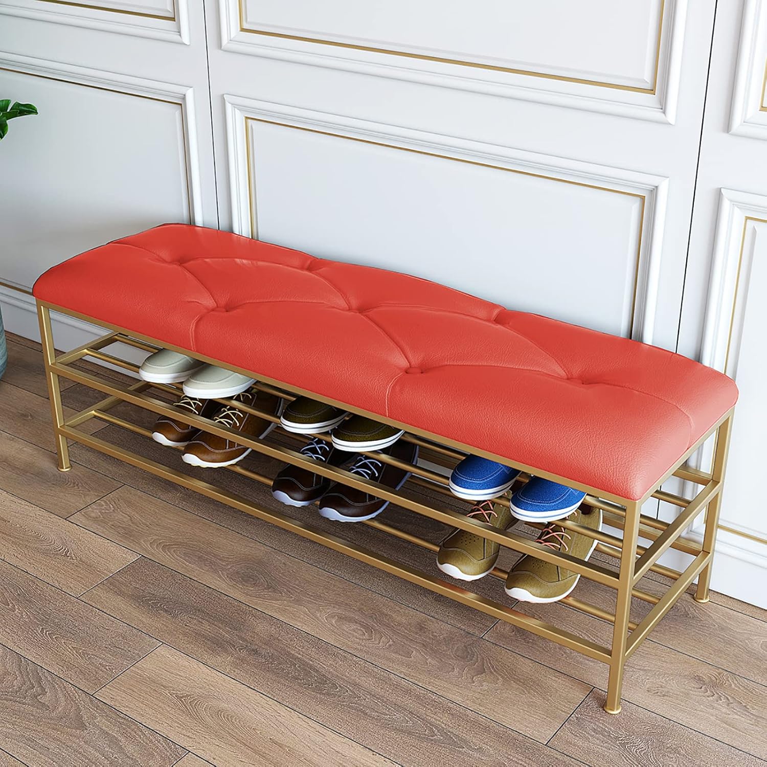 ゴールデン シューズ シェルフ付き玄関ベンチ モダンな靴ベンチ 靴オーガナイザー フェイク レザー ベンチ シート,靴ラック ベンチ 靴収納ベンチ エントリー用-赤 80x35x45cm(31x14x