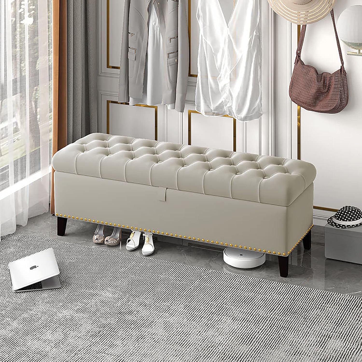ベルベットの収納ベンチ、ベッドの端ボタンタフテッドソファスツールベンチ布張りベンチフットレストスツール、玄関、リビングルーム、窓用、480ポンドをサポート C,60CM