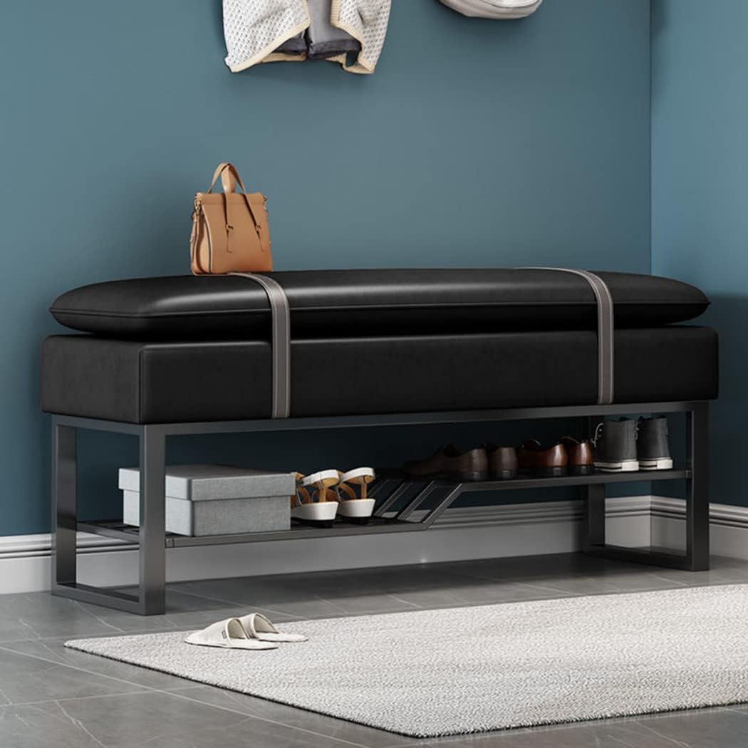 フェイクPUシート付きメタルシューズベンチ、シューズラック付きモダンな布張り靴収納ベンチ、ベッドア..