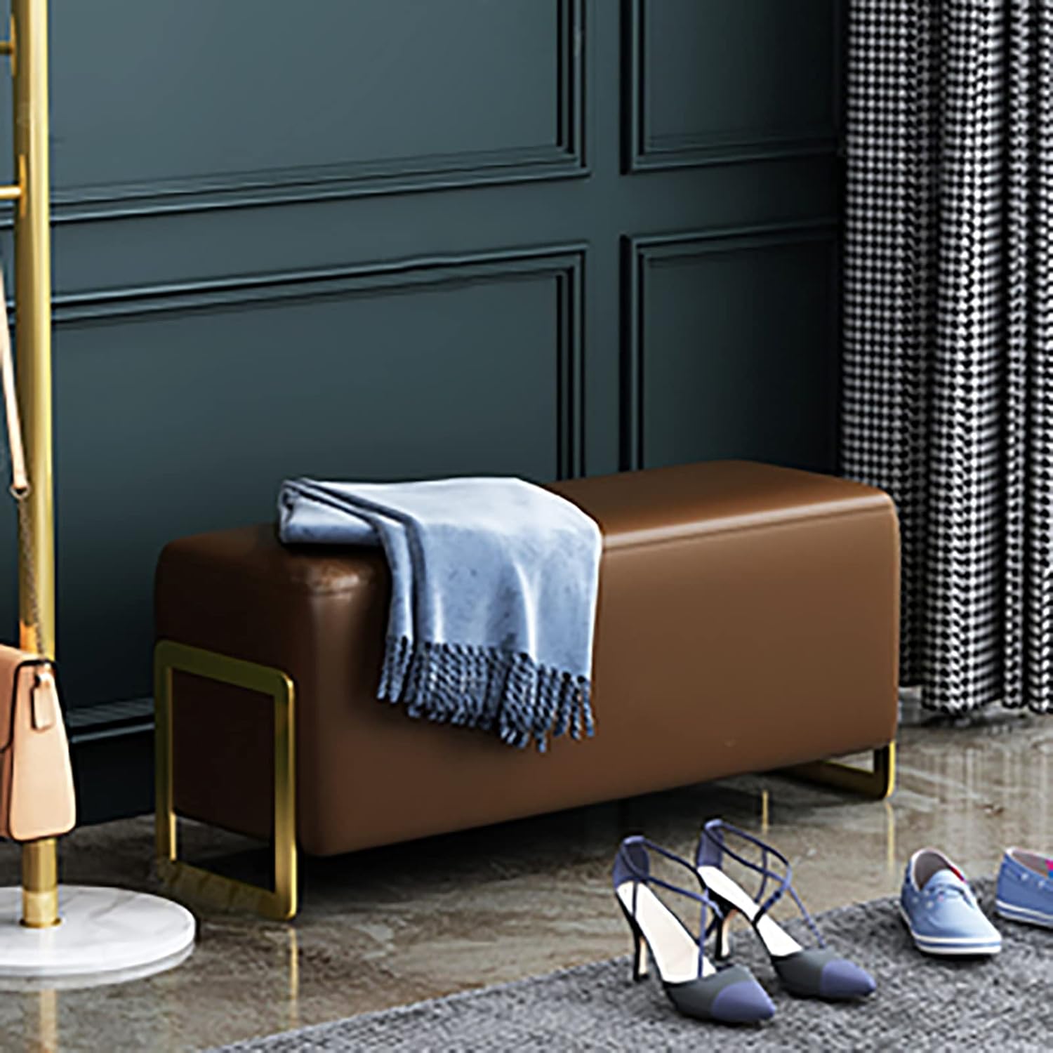 フェイク レザー オットマン ベンチ ベッド ベンチ玄関のベンチの快適な端,メタル ベースの布張りのベ..