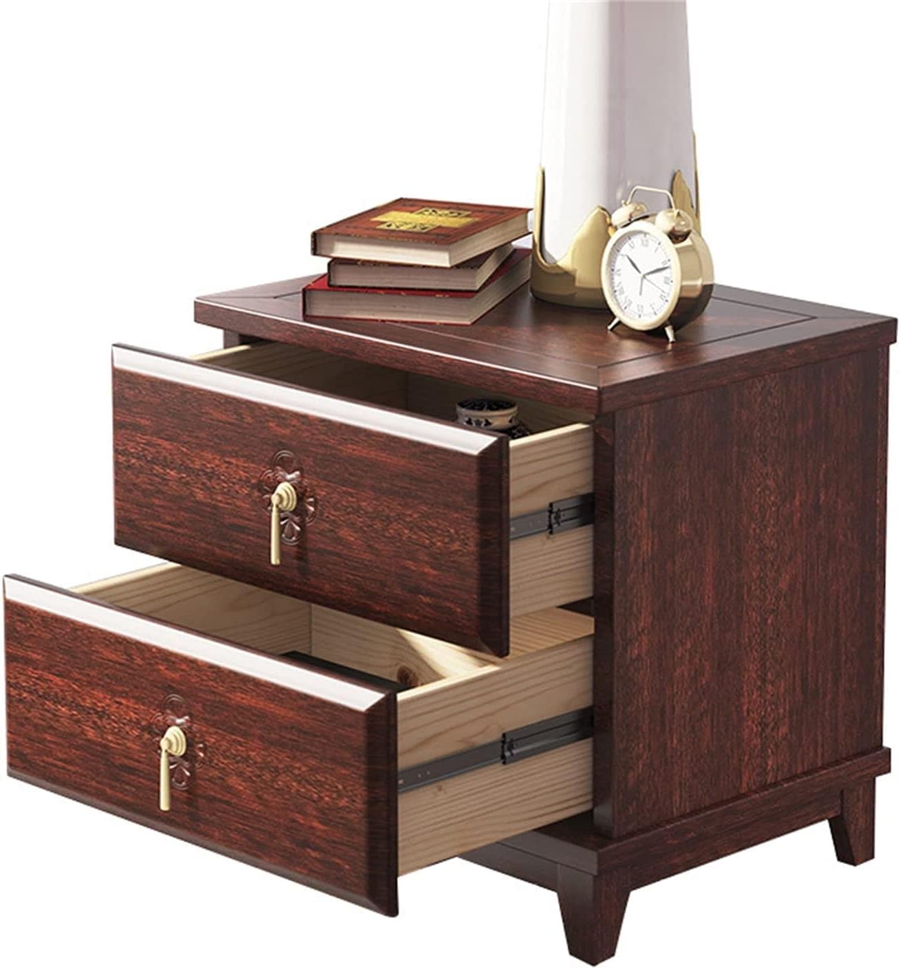 中国のソリッドベッドサイドテーブルウッド、ベッドルーム用の2つの引き出し付きレトロナイトスタンド、多機能ベッドサイドキャビネット、ベッドルームリビングルームストレージユニット53X40X52cm