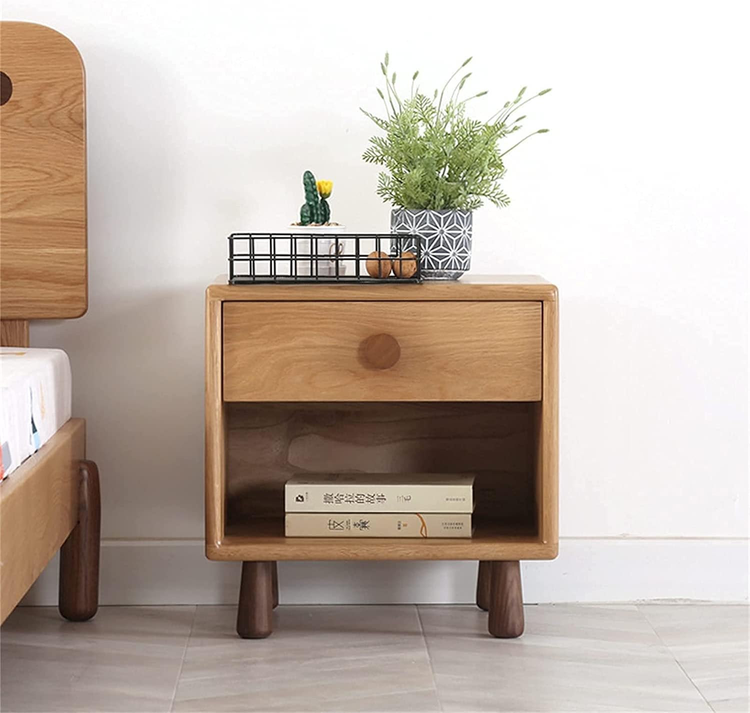 北欧の無垢材の子供用ベッドサイドテーブル、寝室用の漫画ナイトスタンド、男の子と女の子のベッドサイドキャビネット2引き出し、シンプルなベッドルーム収納キャビネット45X38X45CM(Color:B)