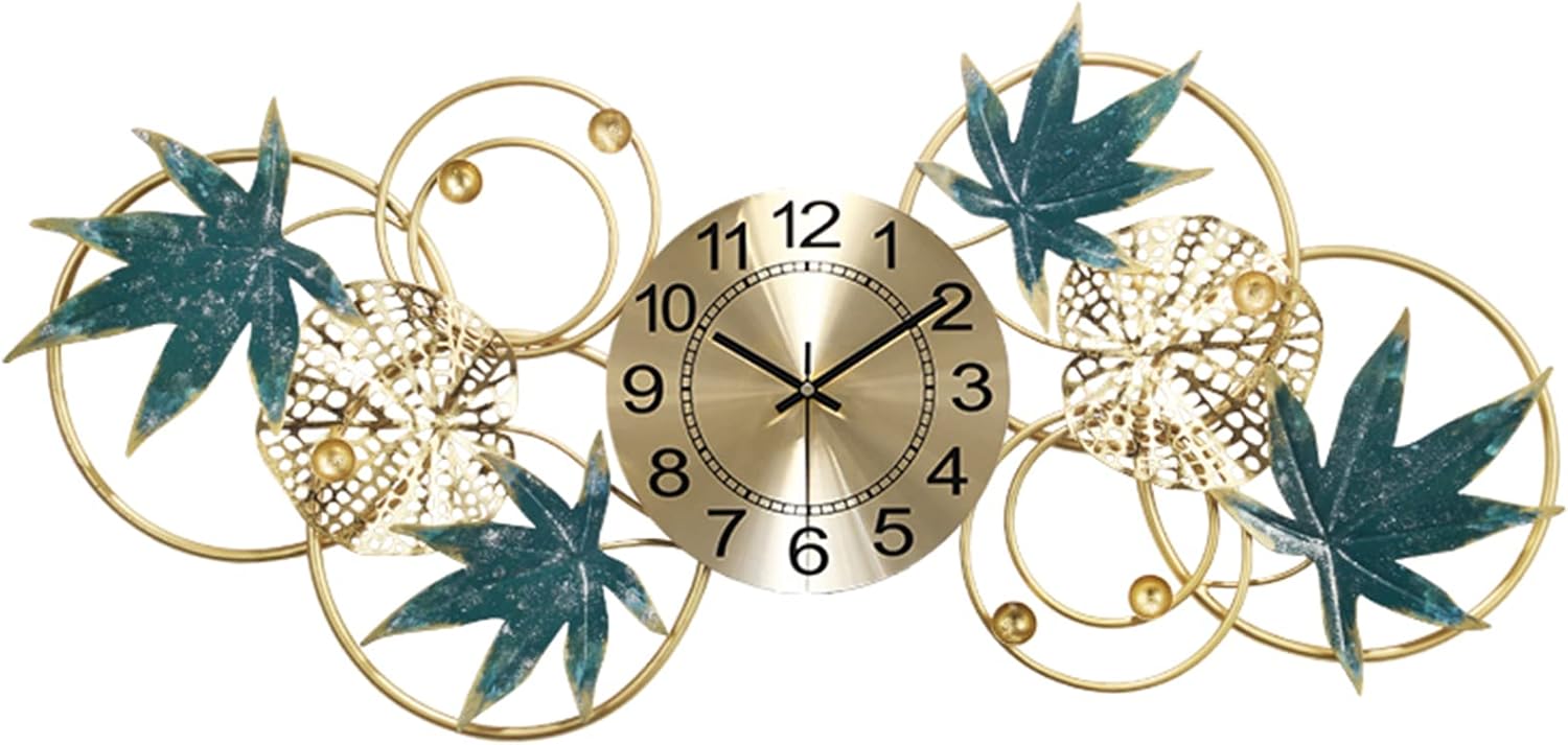 メタルサンバースト装飾壁掛け時計、大型サイレントノンティックメープルリーフクォーツ時計、リビングルーム寝室オフィス用クリエイティビティウォールウォッチ、84 * 37CM