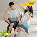 ペアパジャマ カップル 夏 綿 半袖 ペアルック ルームウェア 男女セット 恋人 夫婦 レディース ワンピース ネグリジェ メンズ 丸首 半袖 ショーパン カジ...
