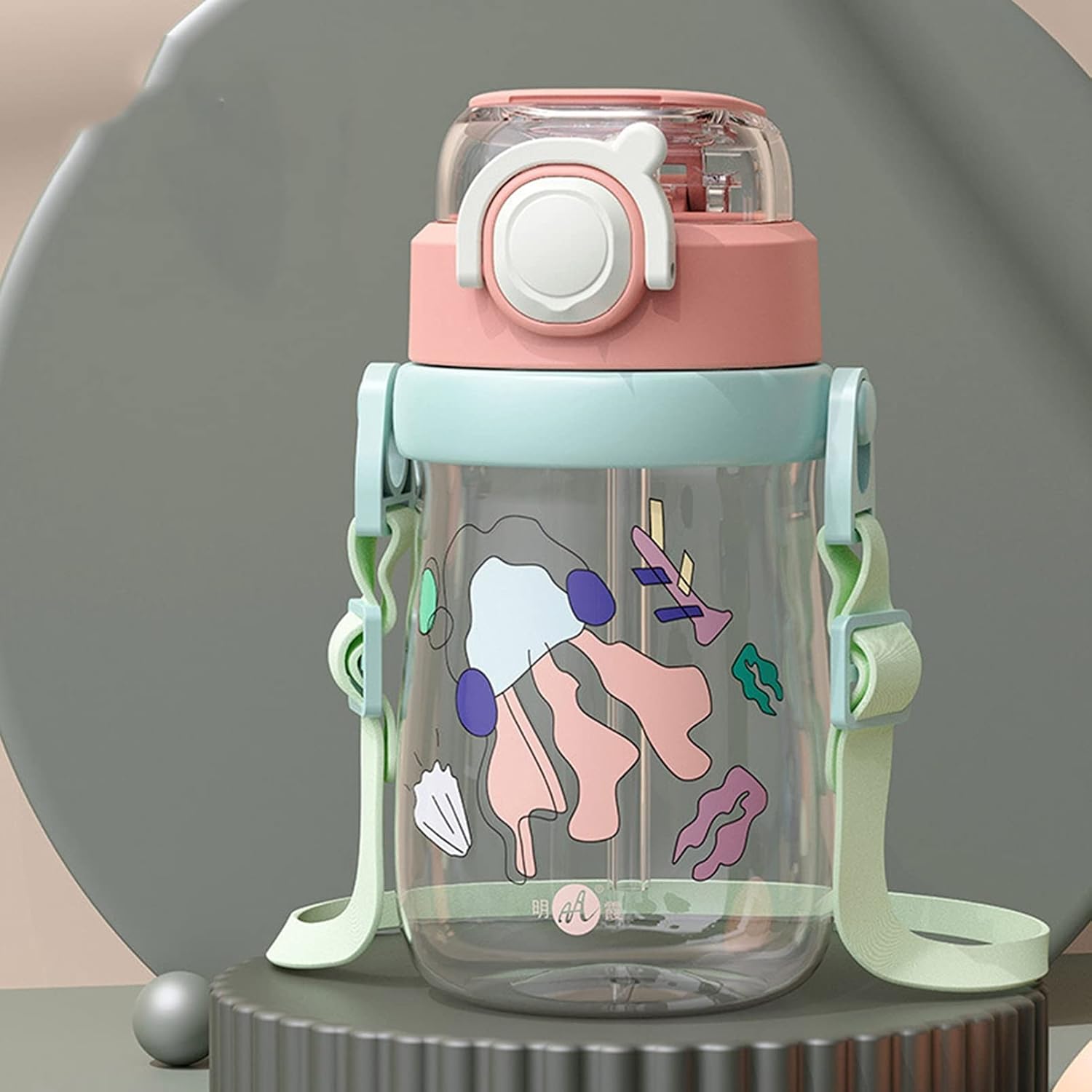 水筒 クリアボトル ストロー 子供用 キッズ ストラップ付き 400ml かわいい 柄 目盛り ワンタッチ ウォ..