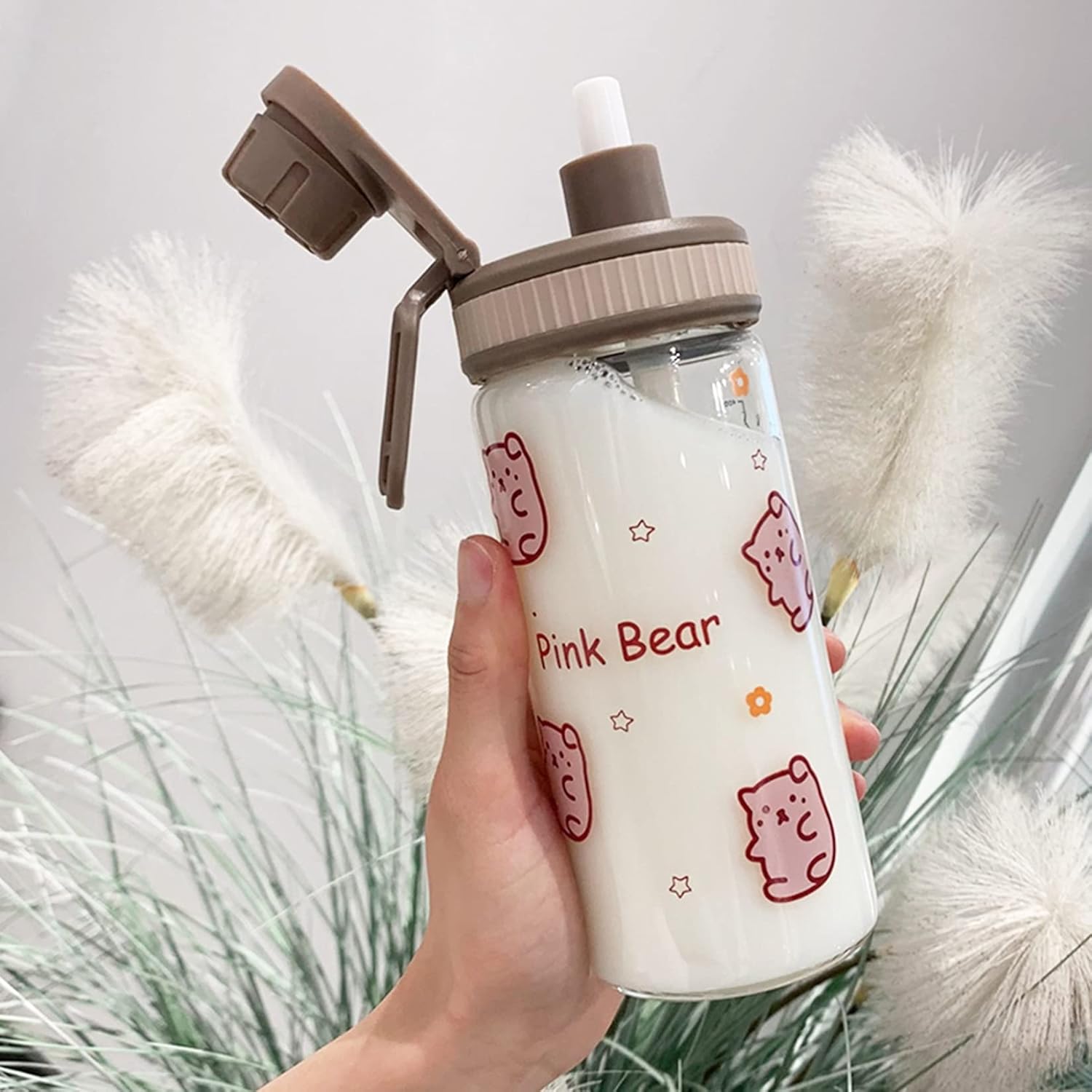 ガラス水筒 500ml クリアボトル マグボトル ウォーターボトル 直飲み かわいい イヌ柄 ブタ柄 ベルト付..