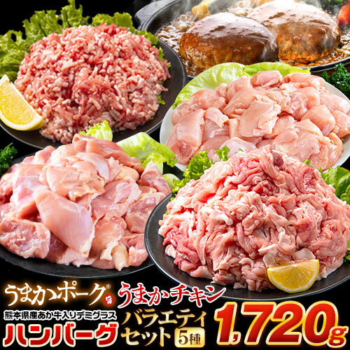 総重量1,720g! お肉5種 バラエティセット 肉 豚肉 鶏肉 ハンバーグ 5種 大容量 福袋 切り落とし 豚ミンチ 国産 豚 ミンチ うまかチキン 若鶏 モモ肉 むね肉 デミグラス 《5月中旬頃-5月下旬頃出荷予定》