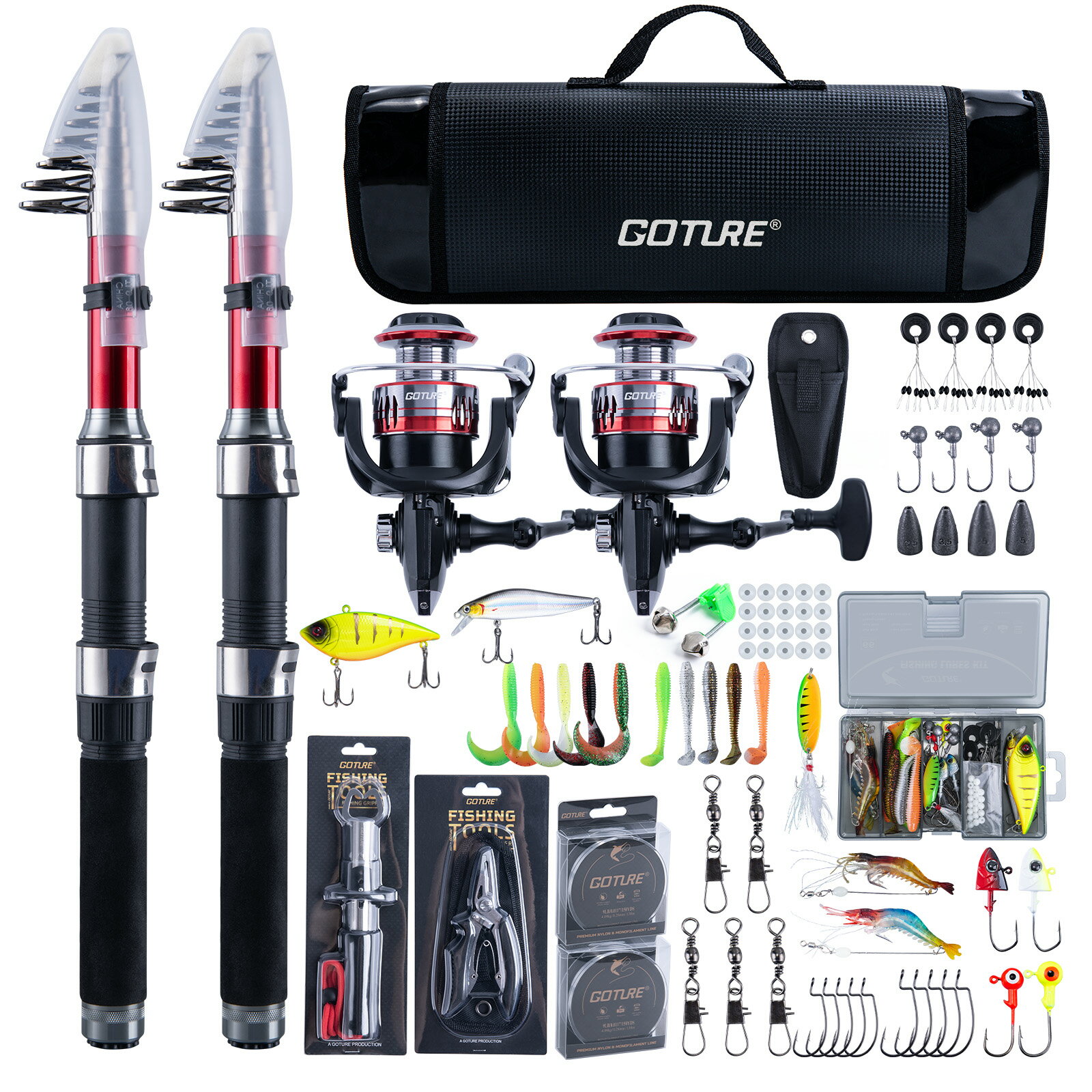 Goture 釣りセット 釣り竿 1.8M/2.1M/2.4M/2.7M 炭素伸縮釣竿2本 スピニングリール2本 ナイロン釣り糸2巻き 【新装登場&品質アップ】...