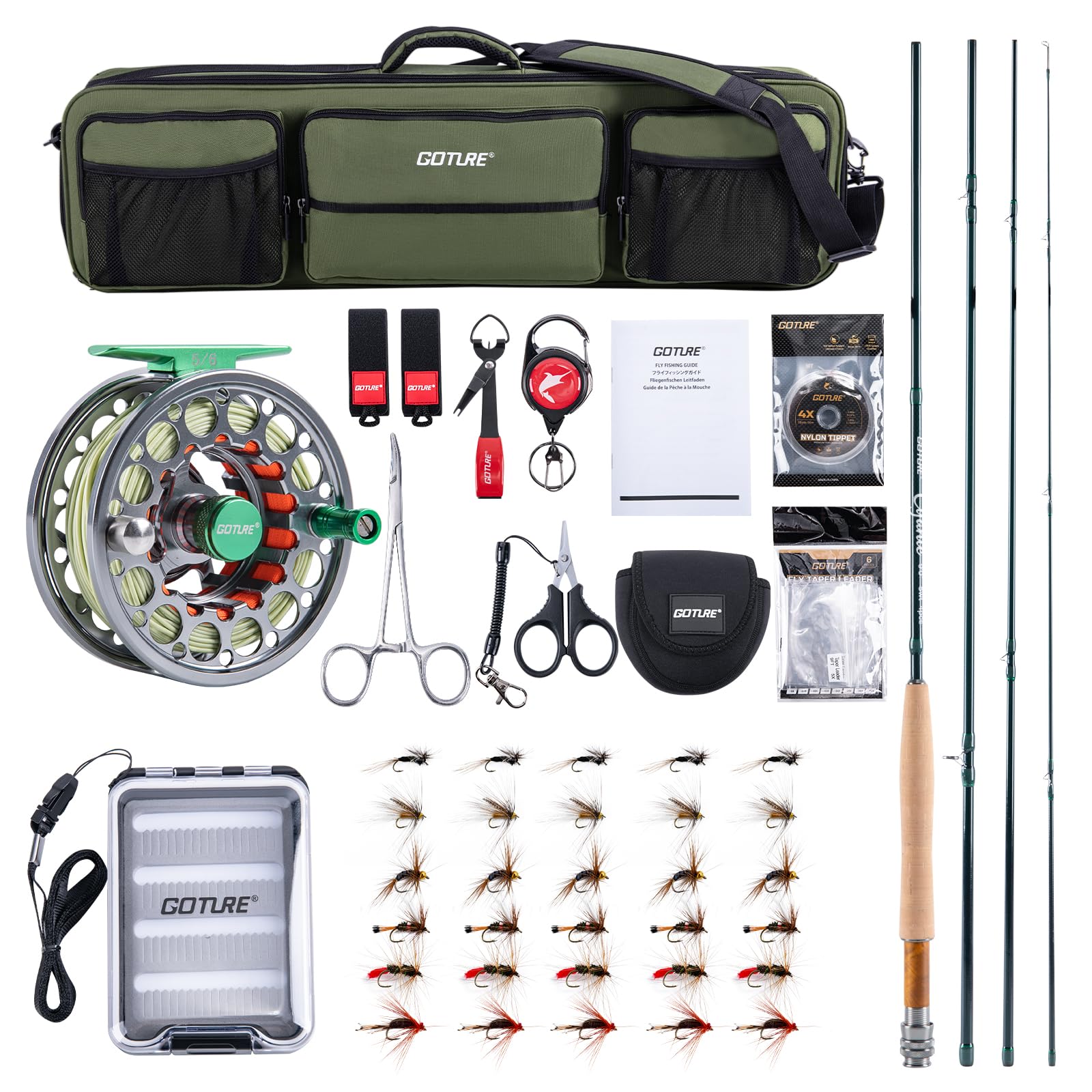 GOTURE フライロッド 釣りセット テンカラセット 渓流竿【ポルトガル製 2Aグレード コルクグリップ パドウク/ゴールデン樟天然木リールシート ダブルティ...