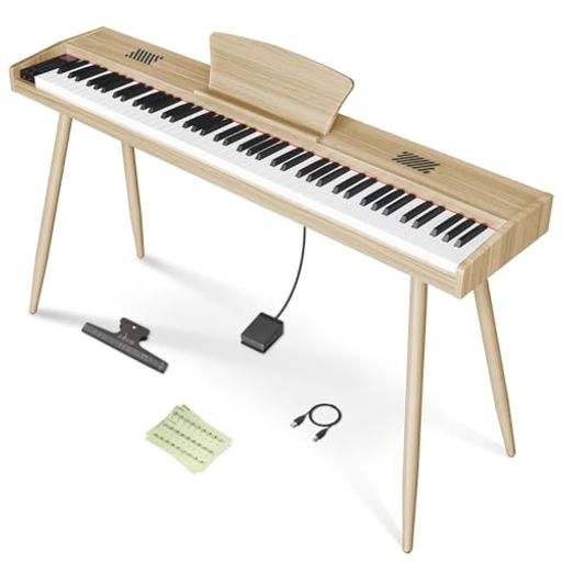 【Longeyeの最新作、MOODシリーズ木製電子ピアノが登場】家具調MOOD電子ピアノは木製一体型スタンドを特徴とし、美しいデザインと優れた音楽性を融合させました。部屋のインテリアと一体化し、お部屋に絶妙なアクセントを加えます。 バランスのよいセミウェイト鍵盤が搭載され、バランスの取れたものはかなり優秀!さらに、10Wスピーカーユニットが2つ内蔵され、木製の本体によってより豊かな、リアルな鍵盤音を出力できます。これにより、より良い練習とパフォーマンス体験が得られます。【MIDI機能対応】MIDI機能にも対応しており、iPadやiPhoneなどのiOS搭載デバイスとの連動が可能で、たくさんのピアノアプリが楽しめます。 鍵盤を弾く強さによる音の強弱を表現できる指力感知機能も搭載しており、入門モデルでもグランドピアノに近い弾き心地を実現しています。【機能たっぷり】移調機能、自動伴奏機能、テンポ調節、メトロノームなどのいろんな機能が対応可能で、更に380種類音色、128種類リズム、80デモ曲を内蔵しています。