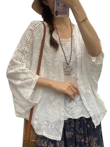 [TODOGIRL]カーディガンレディース薄手おしゃれ七分袖ドルマンスリーブレディースカーディガン夏かわいい羽織りきれめ花柄刺繍ガウンアウターコットン日焼け冷房対策夏春秋適用(ホワイト)