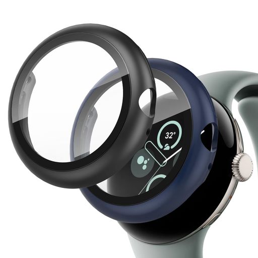 ハードPCケース強化ガラススクリーンプロテクター付きGooglePixelWatch2(41mm)用傷防止防水センシティブタッチHDクリアカバーバンパーピクセルアクセサリー用(ブラック1個+ブルー1枚)2枚パック