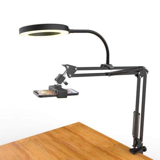 リングライト付きオーバーヘッドカメラマウント、iPhoneに対応した柔軟な関節式電話アームスタンドLogi..