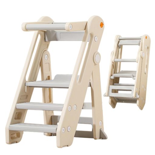 踏み台折りたたみ式キッズステップ学習タワーキッチン洗面所3段階調節可能安全手すり付き83x54x52cmグレー/ベージュ(ベージュ)