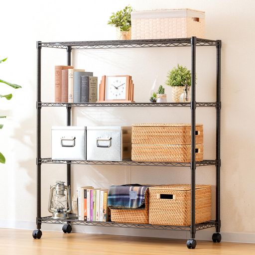 ドウシシャルミナスノワールラック4段幅110奥行40キャスター付きスチールラック黒ブラック収納棚おしゃ..