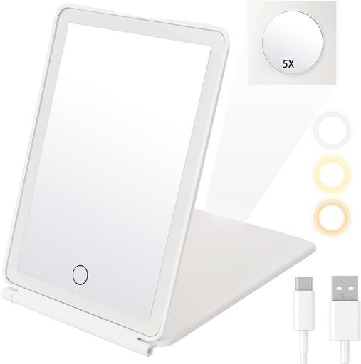 FASCINATE卓上ミラーledライト付き化粧鏡折りたたみ式3光色切替明るさ調整角度調節USB充電持ち運びに便利コンパクト5倍拡大鏡付きメイク女優ミラー