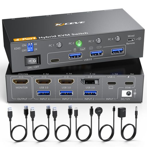 KCEVE4KKVMスイッチEDID機能4入力1出力(2HDMI+1DP+1Type-C系統入力)、デスクトップPC+ノートPC対応4K60..