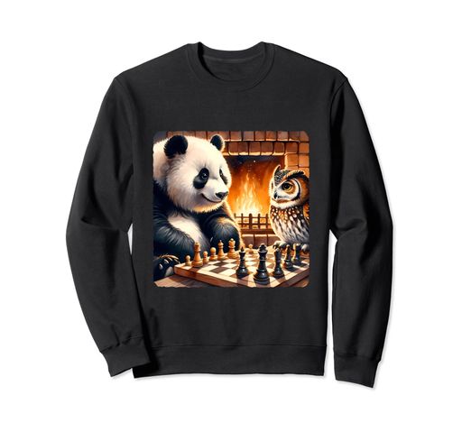 暖炉のそばでフクロウとチェスをするパンダ。居心地の良い戦略トレーナー