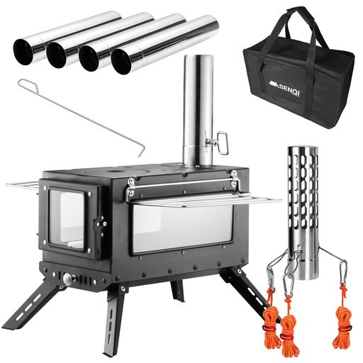 SENQI薪ストーブキャンプテントコンロステンレス折りたたみ式煙突・耐熱ガラス窓・グリッド棚搭載携帯便利ウード暖炉焚き火台テント調理キャンプヒーターアウトドアキャンプ収納袋付き