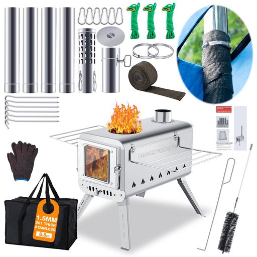 CHANGEMOORE薪ストーブ二次燃焼耐熱ガラス窓煙突コンパクトキャンプストーブテーブル暖炉ウッドストーブテント用焚き火台コンロBBQ調理暖炉冬収納袋付き