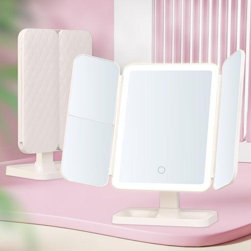 Browgrow女優ミラー卓上鏡三面鏡LEDライト付き化粧鏡卓上ミラー折りたたみ3光色切替2/3倍拡大鏡触る明..