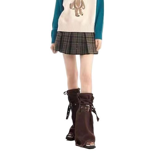 [FakeFace]レッグウォーマーレディースギャル服y2kファッションフレアパンツデニムレースアップブーツカバー足長効果地雷系服韓国ファ..