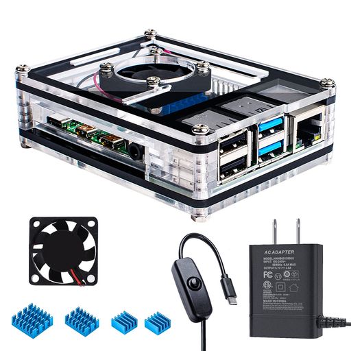 Miuzei 最新Raspberry Pi 4 ケース ラスベリー パイ 4 ケース+ 冷却ファン+ヒートシンク Raspberry Pi 4 Model B対応(Raspberry Pi 4 Model B 本体含まりません) (電源付き)