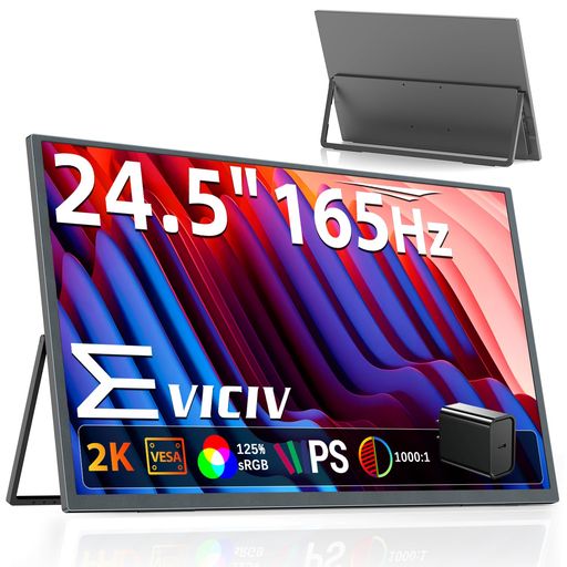 EVICIV モバイルモニター 2K 24.5インチ 165Hz 大画面 モバイルディスプレイ USB-C給電 【1000:1 125%sRGB 非光沢 IPSパネル】 薄型 ポータブルモニター 自立型スタンド付き HDR VESA対応 壁掛け 商務会議