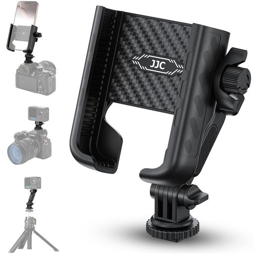 【落下防止デザイン】JJCホットシューカメラスマホホルダーアクションカメラマウントカメラとスマホ同時撮影可360度回転可縦横撮影可1/4ネジ穴付き落下防止ランニングスポーツ適用iPhone…