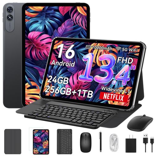 【タブレット 13インチ FHD画面 Wi-Fiモデル】Android15 24GB+256GB+2TB拡張、8コアCPU T7280、1920x1200 120Hz 10000mAh+PD18W急速充電、GPS+2.4G/5G Wifi+BT5.0、顔認証+画面分割+無線投影 キーボード/マウス/タッチペン/フィルム/専用ケース付き T60Pro