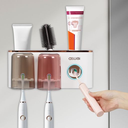 TOWEBOORY歯ブラシスタンド壁掛け自動歯磨き粉ディスペンサー磁気カップ2個水切り洗面所多機能収納穴あ..