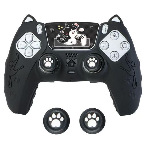 PS5コントローラー用保護カバー猫耳シリコンケース滑り止め汗防止防塵ステッカー&ロッカーキャップ付(Black) PS5コントローラー用保護カバー猫耳シリコンケース滑り止め汗防止防塵ステッカー&ロッカーキャップ付(Black)