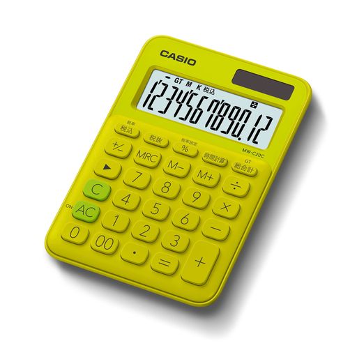 カシオカラフル電卓ライムグリーン12桁ミニジャストタイプMW-C20C-YG-N カシオカラフル電卓ライムグリーン12桁ミニジャストタイプMW-C20C-YG-N