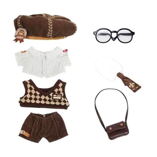 niannyyhouse20cmぬいぐるみ帽子シャツベストズボンネクタイバックパックメガネ郵便配達員のスーツ着せ替え綿人形服