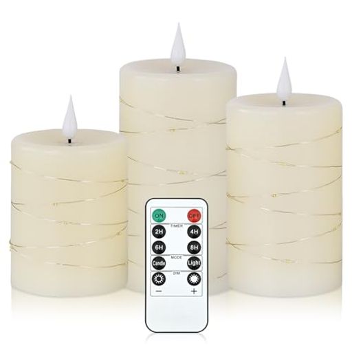CimetechLED無炎キャンドル3個セット水滴銅線ランプリアルな揺らめき明るい柱型キャンドル10キーリモコ..