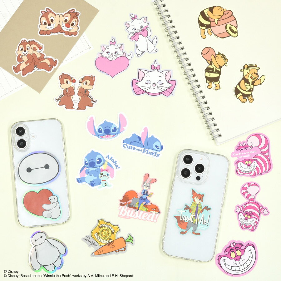 【公式】ディズニーキャラクター ／ モバイルステッカー ディズニー iPhone スマホ ステッカー シール iPad タブレット PC パソコン スマホアクセサリ ベイマックス チップ デール スティッチ マリー ニック ジュディ チェシャ猫 プーさん かわいい 可愛い オーロラ 虹色