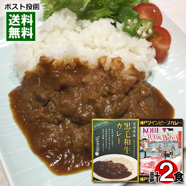 ばあちゃん本舗 宮崎県産黒毛和牛カレー＆キャニオンスパイス 神戸ワインビーフカレー 各1食詰め合わせセット ご当地カレー 高級レトルトカレー 黒毛和牛【メール便送料無料】