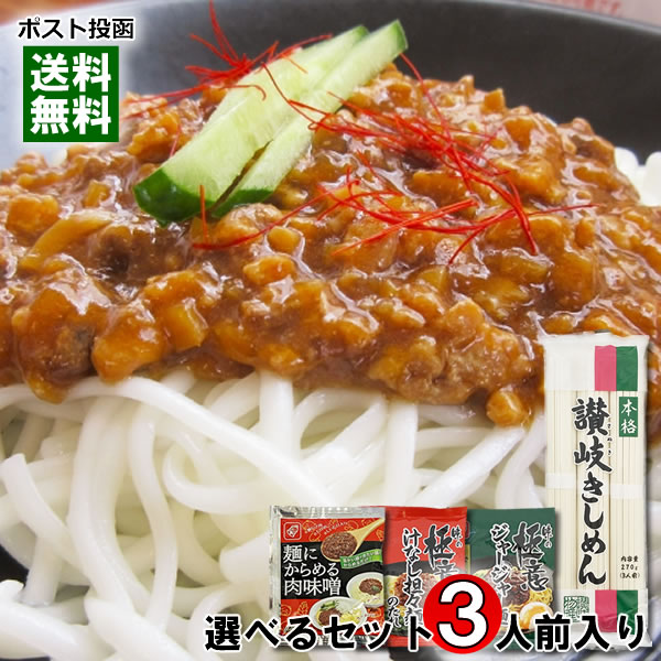 本格讃岐きしめん＆麺にかけるだけの麺ソース 計3人前分 詰め合わせセット 讃岐うどん 乾麺 汁なし担々麺 簡単調理 レトルト 【メール便送料無料】