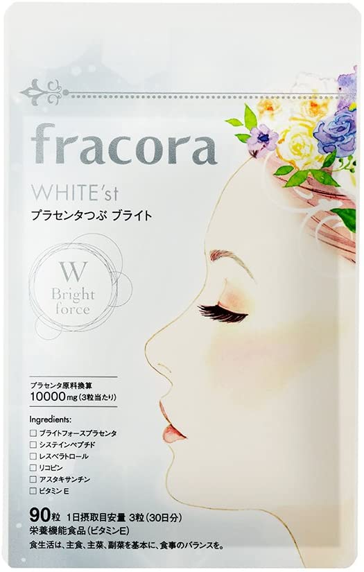 商品名 fracora(フラコラ) プラセンタ サプリ ホワイテスト プラセンタつぶ ブライト 90粒　 商品説明純白の美しさへ導く純プラセンタのチカラ！ 90粒(30日分)【1日の目安／3粒】 安全上の注意 開封後はお早めにお召し上がりください。&nbsp;乳幼児の手の届かないところに保管してください。 体質や体調によりまれに体に合わない場合がありますが、その場合はご使用をお控えください。 &nbsp;通院・入院中の方や妊娠・授乳中の方は、ご使用になる前に医師にご相談ください。 食品アレルギーのある方は、原材料名をご参照の上お召し上がりください。 本品は、特定保健用食品と異なり、消費者庁長官による個別審査を受けたものではありません。原材料・成分 3粒（1.41g）当たり エネルギー：7.8kcal、たんぱく質：0.57g、脂質：0.55g、炭水化物：0.16g、食塩相当量：0.02g、ビタミンE：6.3mg、プラセンタエキス濃縮粉末：336mg(プラセンタ原料換算：10,000mg) 使用方法水またはぬるま湯とともにお召し上がりください。 メーカー協和