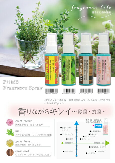 楽天北海富士ショップPHMB Fragrance Spray 手指 除菌 抗菌 携帯用 消毒 ミント シダーウッド グレープフルーツ スウィート フラワー フレグランス 爽やか リフレッシュ 安全 低刺激 抗菌力 長期保存 ウィルス除去 【 香りながら 除菌 】【 30ml 】[ 効果24時間継続 ] ノンアルコール　4種類