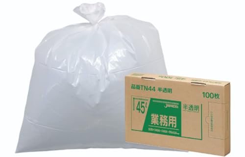 45L 100枚入半透明/横65×縦80cm 厚み0.025mm/TN-44・Size:横65×縦80cm 厚み0.025mmStyle:45L 100枚入・パッケージ個数:1・本体サイズ:約横65×縦80×厚み0.025mm　容量：45L・枚数：100枚・色：半透明（手触り：つるつるタイプ）・素材・原材料:ポリエチレン・生産国:インドネシア商品紹介 ＜商品特徴＞ ● 45Lのごみ箱に適した横650mmx縦800mm、厚み0.025mmのゴミ袋(ポリ袋)です。 ● 収納に便利な箱入り。棚に置いたり、引き出しの中、ちょっとした隙間など狭いスペースにもスッキリ収納できます。 ● 箱入りだから重ねて置いても、立て掛けて置いても1枚ずつ簡単に取り出せます。 ● ゴミ袋として、収納用など多目的に使えます。 ● 低密度ポリエチレンにメタロセンを配合し、強度が大幅アップ。 ● ツルツルとした柔らかな材質で柔軟性に優れ、伸びに強く突起物にも強いゴミ袋(ポリ袋)です。 ● ビル清掃・外食産業・飲食店など幅広い場面で活用できます。 ● 非食品用です。 ＜注意＞ ・この袋は、幼児や子供にとって窒息などの危険が伴うものです。幼児やこどもの手の届かないところに保管してください。 ・ガスコンロやオーブン、オーブン機能付きレンジ、オーブントースターなど高温になる場所には置かないでください。袋が溶けて使用できなくなる場合があります。 ・突起のあるものを入れると材質上破れることがありますのでご注意ください。 ・パッケージ印刷面への摩擦、密着(床・壁・その他素材)、付着(水・油・アルコール消毒液など)により印刷移りや色落ちすることがありますのでご注意ください。 ・保管の際には、直接日光のあたる場所や、高温多湿の場所に置かないでください。まれに変色等を起こす場合があります。 ・ポリエチレンを加工した際に生じるニオイが製品に残っていることがありますが、安全・衛生面への影響はありません。 原材料・成分 ポリエチレン