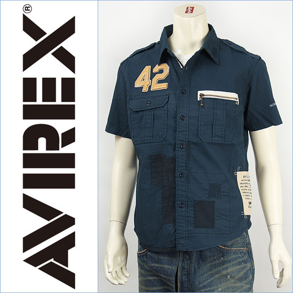 楽天ジーンズ　ジーパ　ウェブサイト【送料無料】Avirex アビレックス レザーパッチ リペアーシャツ AVIREX S/S LEATHER PATCHED REPAIR SHIRT 6135023-87 半袖【smtb-tk】