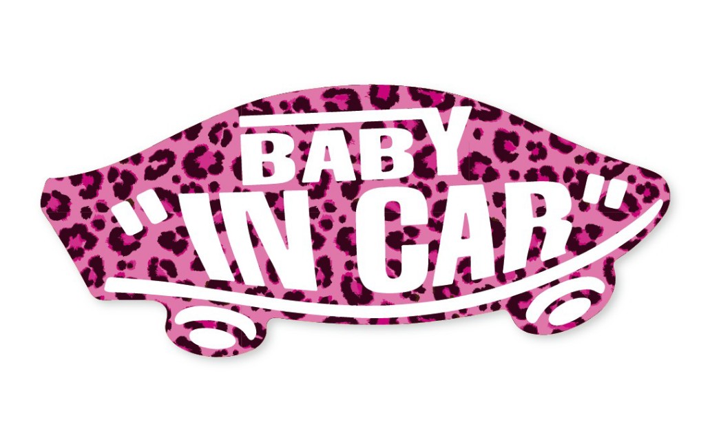 BABY IN CAR ステッカー ピンク ヒョウ柄 アニマル柄 赤ちゃんが乗ってます ベビーインカー スケボー 車 シール パロディ VANS風 SIZE：w150mm×h65mm