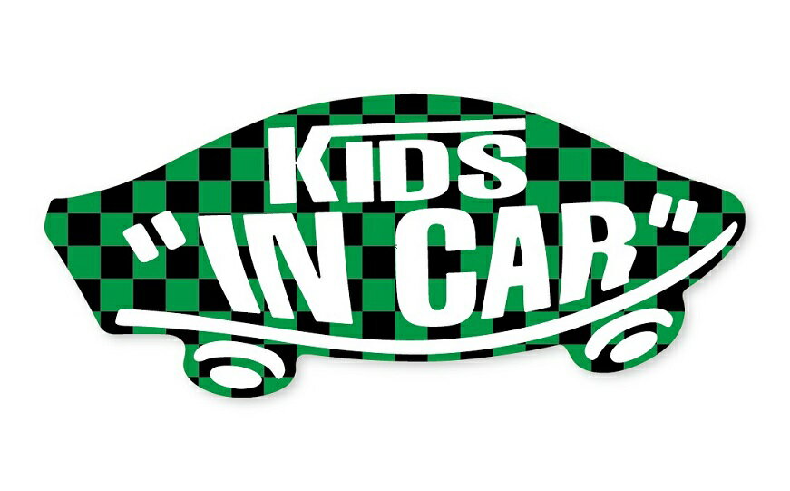 楽天蓄光堂KIDS IN CAR ステッカー 黒 × 緑 チェッカー 子どもが乗ってます キッズインカー スケボー 車 シール パロディ VANS風 SIZE：w150mm×h65mm