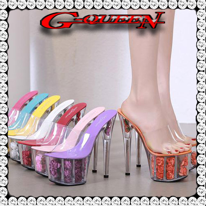 71173【23.5cm】薔薇3段超厚底クリアーサンダル☆赤(レッド)☆【7117】【23.5cm】【HEEL】【 キャバサンダル 】【 キャバヒール 】【サンダル ヒール　ミュール パンプス】【 キャバ サンダル 】【 キャバ ヒール 】【 クリア サンダル　】